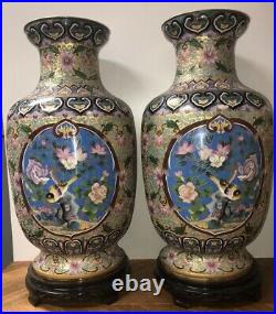 Antique, Vintage Pair Large Chinese Champlevés Enameled Vases, Heights 28 each