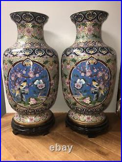 Antique, Vintage Pair Large Chinese Champlevés Enameled Vases, Heights 28 each