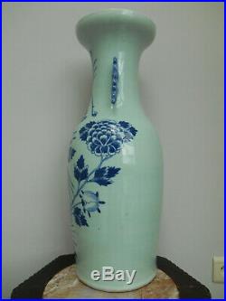 Antique large celadon ground vase with birds and flowers 19th century
