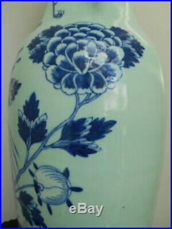 Antique large celadon ground vase with birds and flowers 19th century