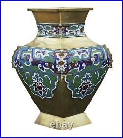 Antique large quality Chinese brass bronze champleve enamel vase C1920