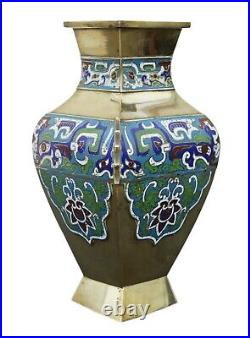 Antique large quality Chinese brass bronze champleve enamel vase C1920