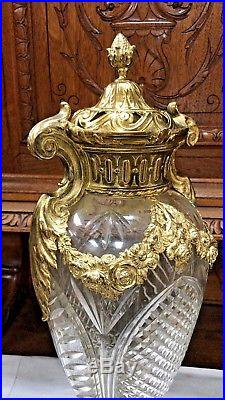 BEAUTIFUL LARGE ANTIQUE BRONZE ORMULU CUT GLASS VASE 19th Century