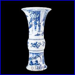 Beautiful large Chinese B&W beaker vase, figures, Kangxi, circa 1700