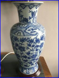 Beautiful large pair of Carlos Remes Chinese blue and white vase table lamps