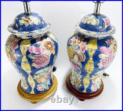 Blue Chinese Cloisonne Ginger Jar Vase Table Lamp Porcelain Chinoiserie Pair