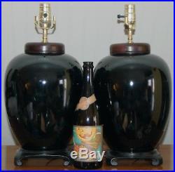 CHINESE BLACK LAMPS Pair Monochrome Porcelain Vases Melon Ginger Jars Large