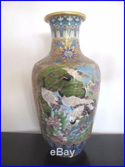 CHINESE Large 16 CLOISONNE Vase withCRANES & Flower Blossoms
