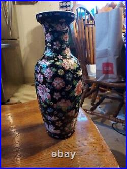 CHINESE Porcelain Famille Noire Black Large Baluster Vase Enamel Flowers