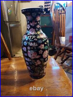 CHINESE Porcelain Famille Noire Black Large Baluster Vase Enamel Flowers