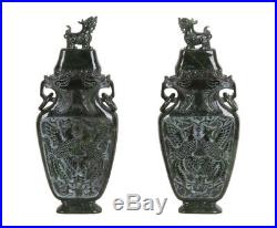 China 20. Jh. Große A Large Pair Of Chinese Spinach Hardstone / Jade Vases
