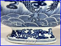 Chinese Antique Blue and White Dragon Moon Flask Vase LARGE