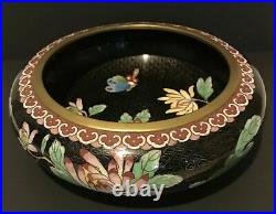 Chinese Antique Large CLOISONNE ENAMEL Bowl Planter Black Flowers Butterfly RUYI