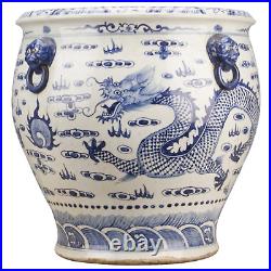 Chinese Blue and White Dragon Porcelain Planter with Lion Handles Large 18W