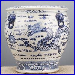 Chinese Blue and White Dragon Porcelain Planter with Lion Handles Large 18W