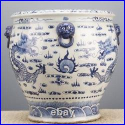 Chinese Blue and White Dragon Porcelain Planter with Lion Handles Large 18W