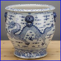 Chinese Blue and White Dragon Porcelain Planter with Lion Handles Large 18W