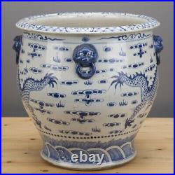 Chinese Blue and White Dragon Porcelain Planter with Lion Handles Large 18W