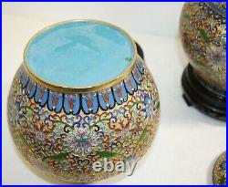Chinese Champlevé Cloisonné Covered Urn Large L/R Pair Floral Motif 11.5 H Stand
