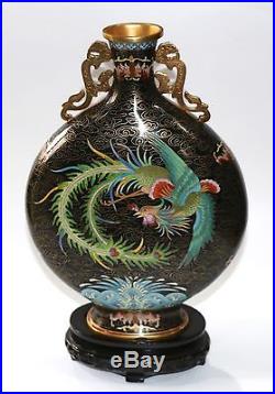 Chinese Cloisonne Enamel Moon Flask Large Vase Phoenix & Dragon Gold Handles