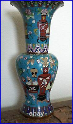 Chinese Cloisonné Tall Large Blue Vase with Flowers and Vases