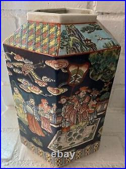 Chinese Famille Noir Large Hexagonal 12 Vase Cobalt Background Court Scenes