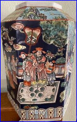 Chinese Famille Noir Large Hexagonal 12 Vase Cobalt Background Court Scenes