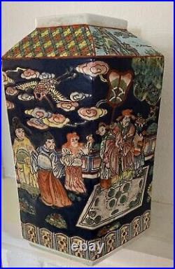 Chinese Famille Noir Large Hexagonal 12 Vase Cobalt Background Court Scenes