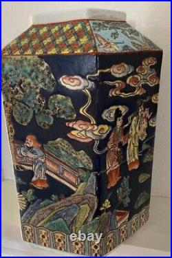 Chinese Famille Noir Large Hexagonal 12 Vase Cobalt Background Court Scenes