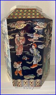 Chinese Famille Noir Large Hexagonal 12 Vase Cobalt Background Court Scenes