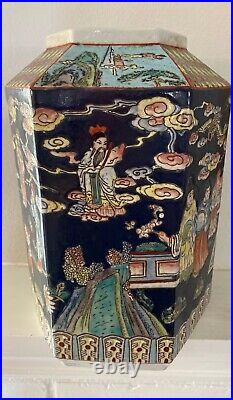 Chinese Famille Noir Large Hexagonal 12 Vase Cobalt Background Court Scenes