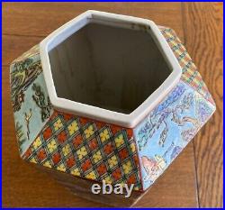 Chinese Famille Noir Large Hexagonal 12 Vase Cobalt Background Court Scenes