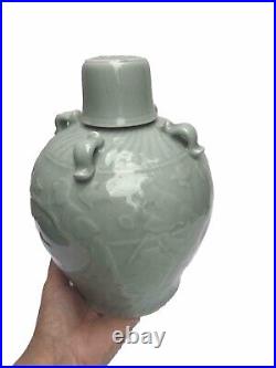 Chinese Glazed Relief Workers Celadon Porcelain Pottery Large Ginger Jar Tall