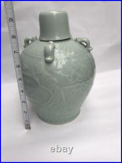 Chinese Glazed Relief Workers Celadon Porcelain Pottery Large Ginger Jar Tall