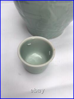 Chinese Glazed Relief Workers Celadon Porcelain Pottery Large Ginger Jar Tall