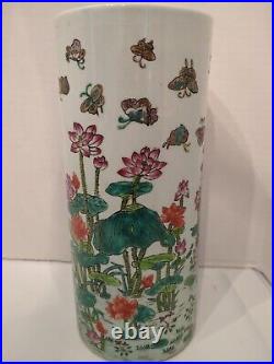 Chinese Handpainted Porcelain Large Floral Cylindrical Vase