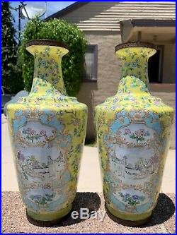 Chinese Large Antique Cloisonne Enamel Vase Pair With Flowers