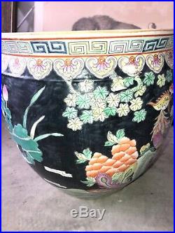 Chinese Large Famille Noire Porcelain Fish Bowl Planter Pot Flower Vase 20