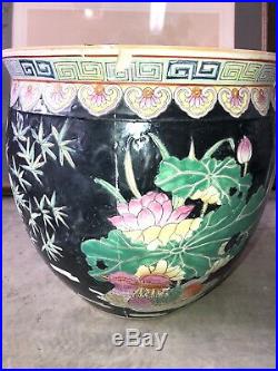Chinese Large Famille Noire Porcelain Fish Bowl Planter Pot Flower Vase 20