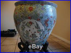 Chinese Large Famille Rose Porcelain Fish Bowl Planter Vase 20 With Stand 29
