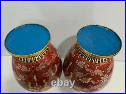 Chinese Large Pair Red Cloisonne Baluster Vases Kissing Fish Bats Endless Knot