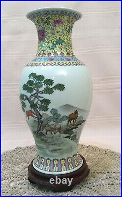 Chinese Large Porcelain Vase With A Scene Of Horses 14 Tall