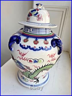 Chinese Large Vase With A LID Decorated With Dragon And Crane Elephant Handles