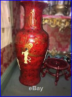 Chinese/Oriental Mother Of Pearl Table/Floor X Large 36 Palace Vase With Stand
