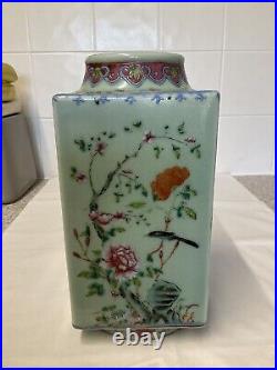 Chinese Porcelain Large Square Famille Rose Celadon Ground Vase