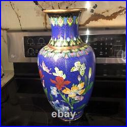 Chinese Vintage Large Cloisonné Vase 15 1/2 Inches Tall Blue With Butterflies