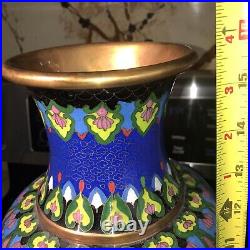 Chinese Vintage Large Cloisonné Vase 15 1/2 Inches Tall Blue With Butterflies