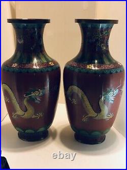 Chinese Vintage Pair Of Large Dragon Cloisonné Vases