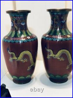 Chinese Vintage Pair Of Large Dragon Cloisonné Vases