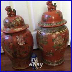 Chinese large pair Wucai ginger jar temple vase foo dog lid bird Famille Verte